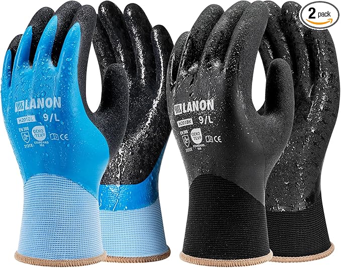 LANON 2 Pairs Waterproof Work Gloves for Men and Women,Double Rubber Coated for Gardening, Outdoor Construction,Car & Fish Cleaning, Non-Slip Grip, Elastic Cuff, Blue&Black,Small