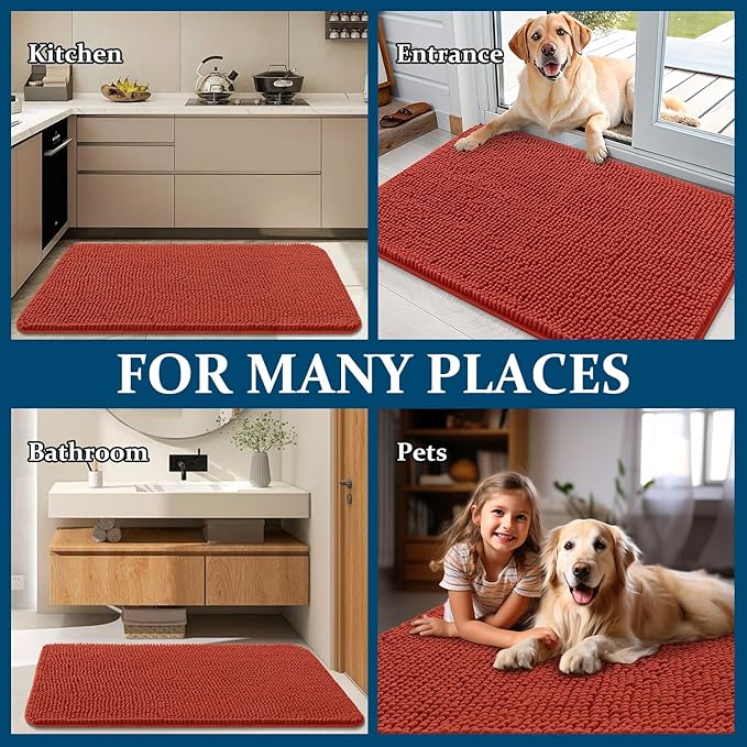 OLANLY Dog Door Mat for Muddy Paws 59x24, Absorbs Moisture and Dirt, Absorbent Non-Slip Washable Doormat, Quick Dry Chenille Mud Mat for Dogs, Entry Indoor Entryway Carpet for Inside Floor, Maple Red