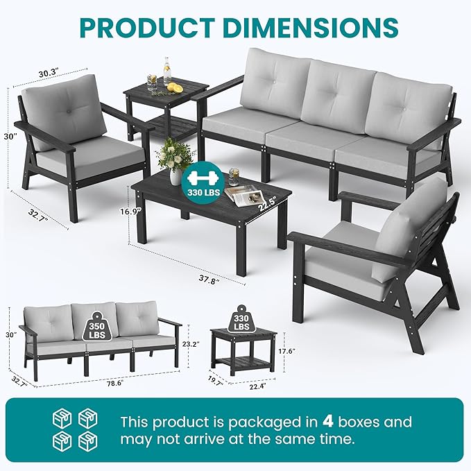 7-Piece HDPE Patio Furniture Set, Outdoor Sectional Sofa Set,All Weather Outdoor Couch with Dust-Free Cushions, Durable Patio Conversation Sets for Balcony, Porch, Black