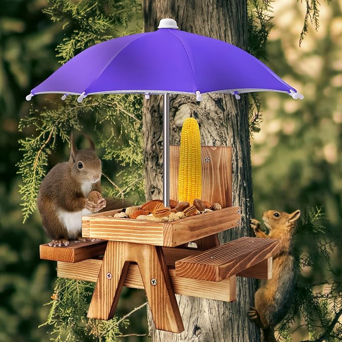 Gnodary Squirrel Feeder with Umbrella, Squirrel Feeders for Outside, Squirrel Picnic Table Feeder - Chipmunk Feeder Hold Corn, Corn Cob, Peanuts (Dark Purple)