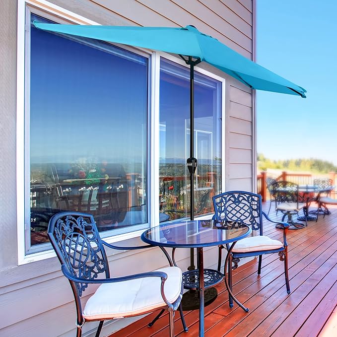 Half Umbrella Outdoor Patio Shade - 9 ft Patio Umbrella with Easy Crank - Small Canopy for Balcony, Table, or Deck by Pure Garden (Brilliant Blue)