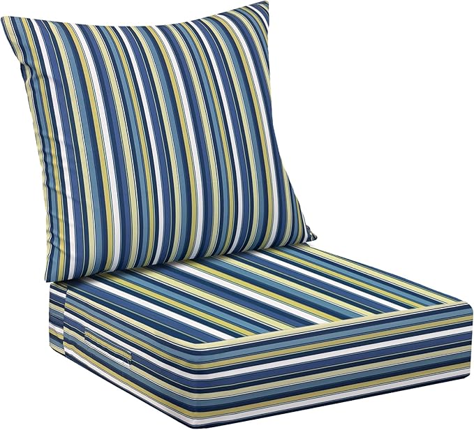 Outdoor Cushions for Patio Furniture,Outdoor Seat Cushion Set 24 x 24 x 4 Inch,Waterproof & Fade Resistant Outdoor Chair Cushions,Deep Patio Chair Cushion with Removable Cover,Blue Stripe