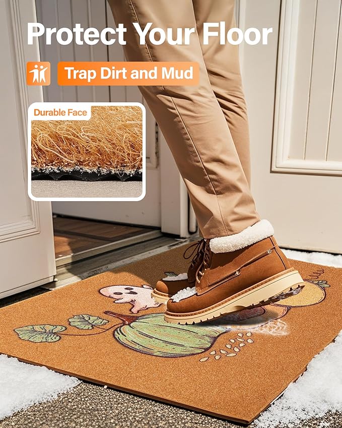 Door Mat Outside Entrance: Fall Door Mat Faux Coir Doormat 17x30 inch for Outdoor Entry - Halloween Cute Funny Door Mats Non-Slip Mats - Welcome Matt Pumpkin Ghost Pattern for Halloween Decor