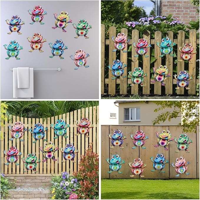 Junware Metal Frog Wall Decor, 8Pcs Frogs Wall Art Sculptures Hanging Sculpture Decoration, Outdoor Fence Arts for Home Garden, Fence, Patio, Yard, Bedroom Outside Gifts for Adults