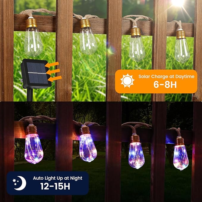 Solar String Lights Outdoor, 24FT Vintage Rope Hemp Solar String Lights for Outside with 20 Shatterproof Bulbs, Waterproof 8 Modes Solar Powered Patio Lights for Garden Fence Balcony Camping