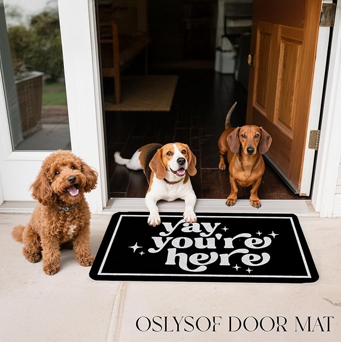 Funny Black Door Mat, Yay You're Here Doormat for Front Door Indoor Outdoor Porch Entrance Entryway, Funny Welcome Mat Outside, 17x30 Inch