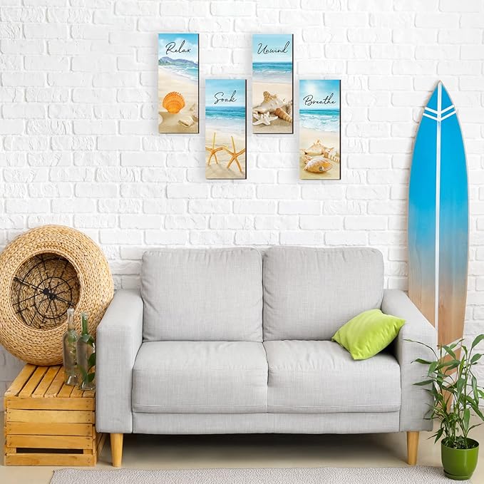 4 Pieces Beach Bathroom Decor Ocean Beach Wall Decors Relax Soak Unwind Breathe Blue Wall Art Hanging Sign Seashell Starfish Wooden Sign for Bathroom Living Room Laundry Spa Washroom(beach, 10x4 Inch)
