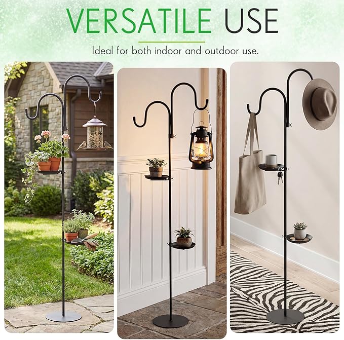 1 Set 75.9" Shepherd's Hook Stand for Hanging Plant, Bird Feeder, Waterproof Metal & Adjustable Standing Pole Holder for Indoor Outdoor, with 2 Rotatable Rack & Weight Bag (Classic 2 Hooks)