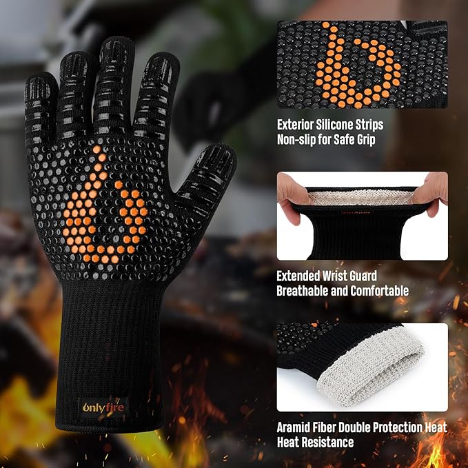 Onlyfire BBQ Gloves 1472°F Heat Resistant Grill Gloves Fireproof Oven Gloves for Cooking, Grilling, Barbecue, Smoker, Baking, Frying, Black