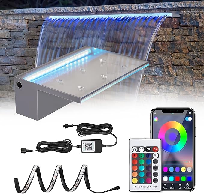 12'' APP Control Waterfall Spillway with RGB LED Lights, Acrylic Pond Fountain Set for Outdoor Decorations, Patio Pool Kit on The Wall for Garden w/16 Color Changing, Easy Installation