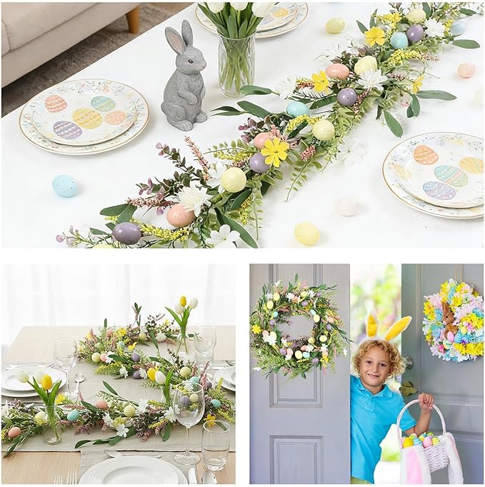 6.5 ft Easter Egg Flower Berry Garlands Decorations Spring Summer Floral Vine Garland Wreaths for Fireplace, Mantle, Table & Indoor Home Decor