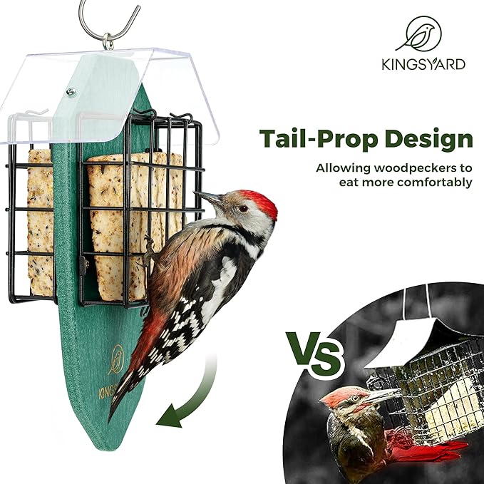 Kingsyard Double Suet Feeder for Outdoors Hanging, Recycled Plastic Tail-Prop Suet Bird Feeders with Rainproof Roof, Great for Woodpecker Chickadee Nuthatch (Green)