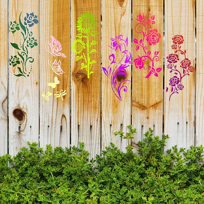 6pcs Garden Fence Large Flower Stencils, Flower Painting Wood Template Floral Drawing Stencils Wall Stencils for Crafts Reusable Outdoors Wall Decoration Home Floor Decor Drawing Supplies