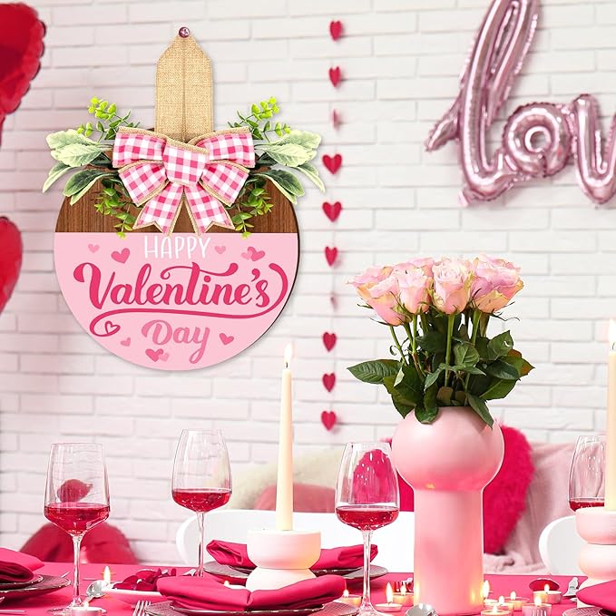 Britimes Happy Valentine’s Day Welcome Door Sign Valentine’s Day Round Wooden Hanging Decorations Pink Romantic Rustic Farmhouse Front Door Sign Wall Art Decor for Home Wedding Outdoor