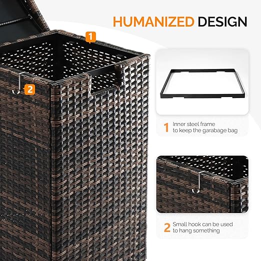 33 Gallon Outdoor Wicker Trash Bin,Wicker Patio Trash Bin, 33 Gallon Rattan Trash Can with Lid for Porch Backyard Deck Patio Poolside, Brown