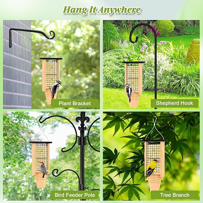 Wooden Suet Bird Feeder for Outside Hanging, Large Woodpecker Suet Feeder with Tail Prop, Double Suet Cakes Hanging Bird Feeder for Wild Birds, 1 Pack, Black