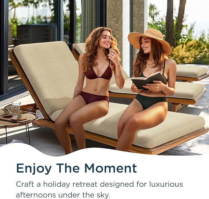 Codi Outdoor Chaise Lounge Chair Cushions 80"x26"x3.5" – Linen Texture, Fade Resistant, Waterproof, Removable Cover, Thick Soft Padding for Patio Furniture & Pool Relaxation, Beige