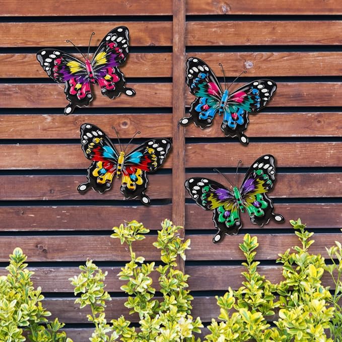 ULENDIS 4 Pack Metal Butterfly Wall Art Outdoor Decor, 9.8in Colorful Fence Wall Art Decor, Wall Sculpture Hanging Decoration for Garden Yard Living Room Bedroom Patio Balcony(D)