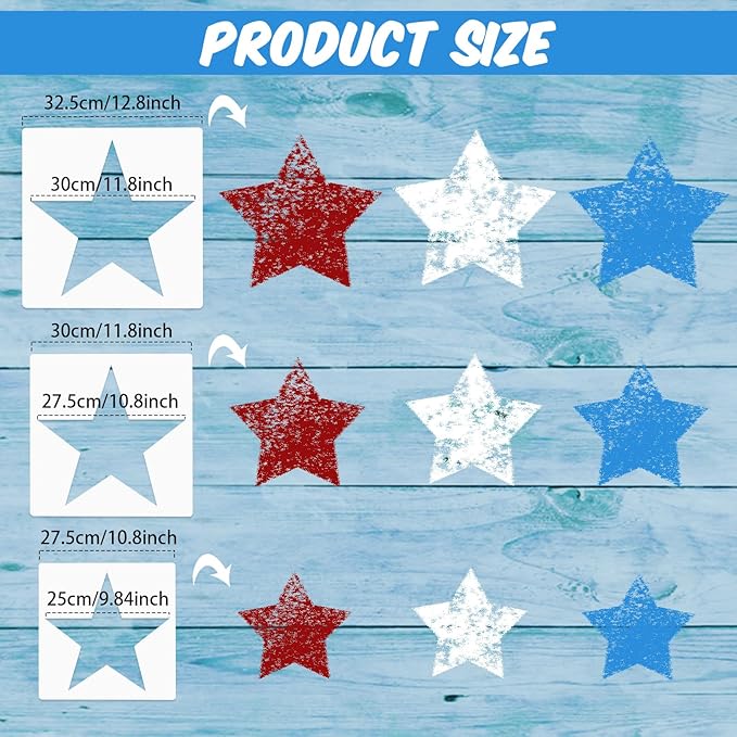 Weysat 3 Pcs Independence Day Large Star Stencil for Yard Star Stencils Crafts Reusable for Painting on Lawn, Wood, Paper, Fabric, Glass, Wall, 4th of July Project