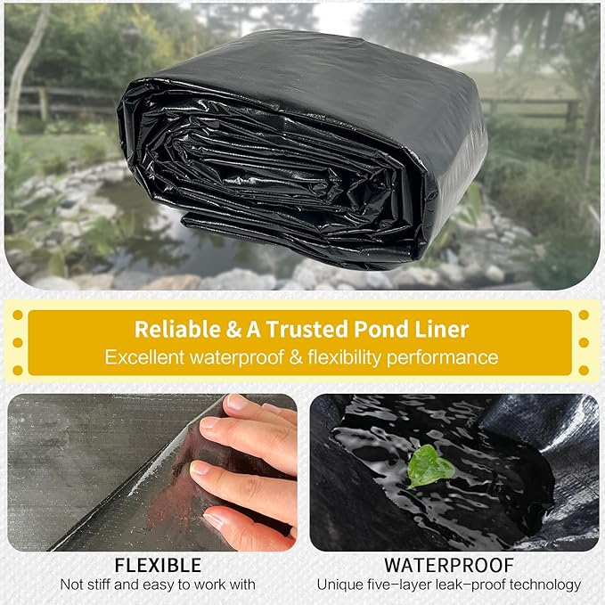 yeezoo 50X50FT Reinforced Large PE Pond Liner, KOI Pond Liners for Outdoor Ponds, Enhanced 5-Layer Structure Pond Liner for Fish, Duck, Garden Raised Bed and Waterscape Pond(0.82oz/sq ft Thickness)
