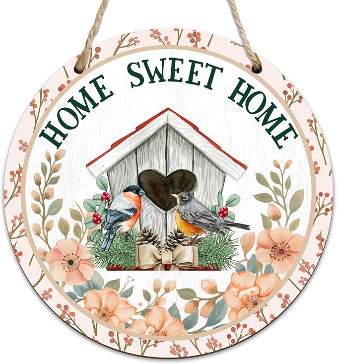 Spring Hanging Decor For Front Door, Birdhouse Home Sweet Home Round Sign Decor For Farmhouse Home Yard Porch, Hello Spring Decorations, Welcome Spring Wall Plaque Gifts For Friends Family -09
