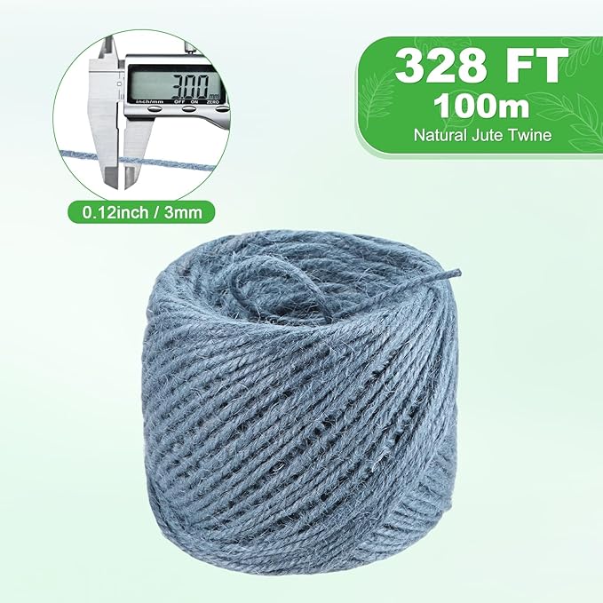 1-Pack Natural Jute Twine String, 3mm x 328ft/100m Long Garden Twine Balls for Crafts/Gift Wrapping/Gardening Plants, Durable Plant Ties Thick Rope [Gray]