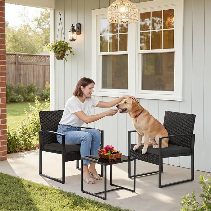Greesum 3 Piece Wicker Conversation Bistro Sets Outdoor Patio Set Modern Rattan Chair Furniture Sets with Coffee Table for Yard Garden Porch Lawn (Black)