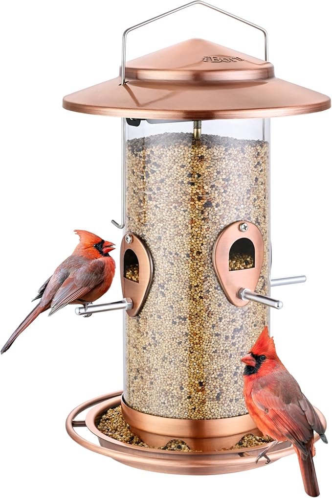 iBorn Metal Bird Feeder for Outside Hanging,Wild Bird Feeders for Cardinal,18cm Large Roof&Tray Brushed Copper 10 Port(Seed is not Included)