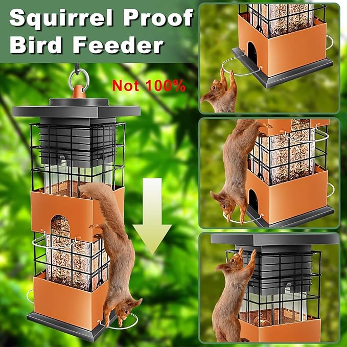 Squirrel Proof Bird Feeder,3Lbs Metal Birdfeeders Squirrel Proof with 4 Feeding Ports for Outside, Birds Seed Feeder for Outdoors, Cardinal, Finch, Sparrow (Brown)
