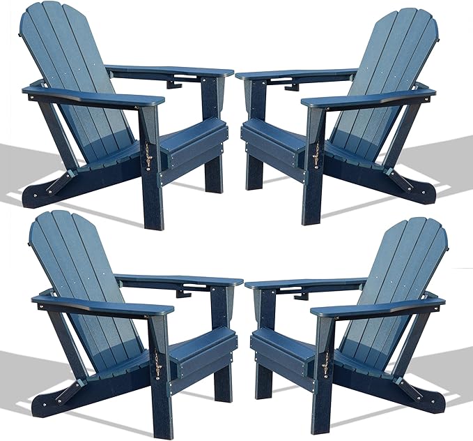 Domi Folding Adirondack Chairs Set of 4, HDPE All-Weather Outdoor Chairs with Cup Holder, Wooden Textured Fire Pit Chairs for Backyard, Patio, Poolside & Deck, Navy Blue