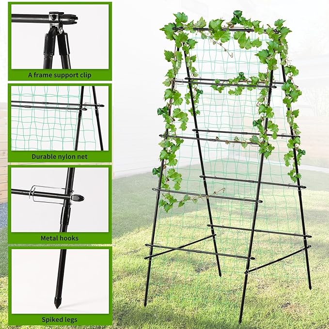 Garden Trellis for Climbing Plants, 71" H x 32" W Metal A-Frame Cucumber Trellis Outdoor Fruits Watermelon Vegetable Tomato Squash Peas Beans, with Netting, Black