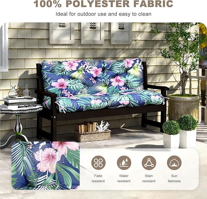 Porch Swing Cushion with Backrest,Waterproof Bench Cushion for Outdoor Furniture,2-3 Seater Replacement Thickened Swing Cushion with Ties,Patio,Outdoor,Backyard and Garden (Tropical Floral,60x40")