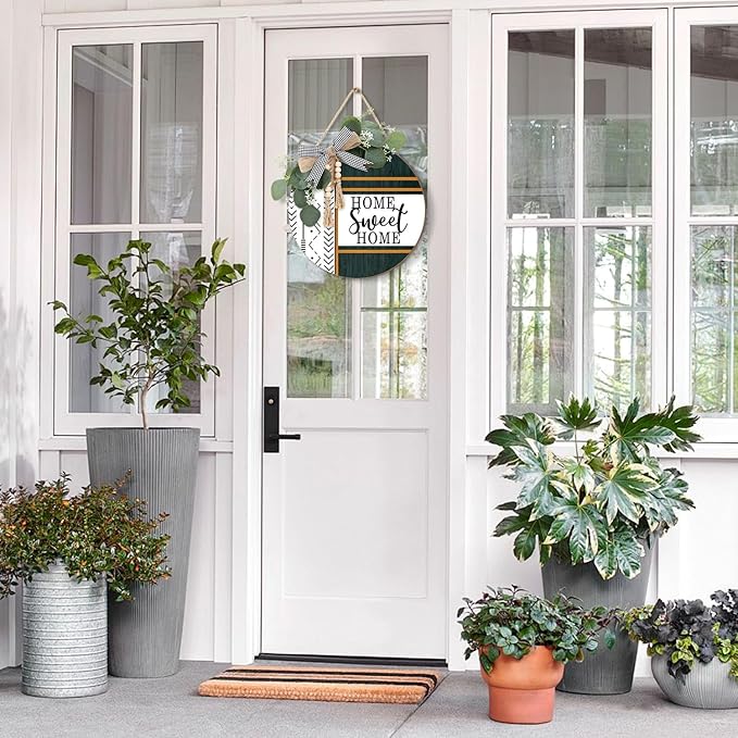 CHDITB Boho 3D Home Sweet Home Front Door Wreath Sign(12"x12"), Farmhouse Porch Decor Sign with Green Leaves Plaid Bow Bead, Rustic All Year Seasons Hanger Decoration Hanging for Office Home