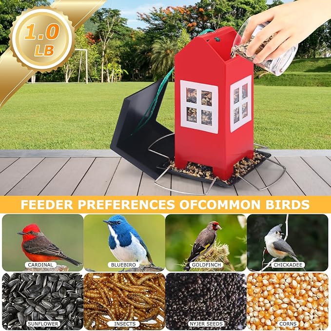 2 Pack Bird House Feeders for Outdoors Hanging - Metal Wild Bird House Feeders with 4 Ports, Country House Design, Garden Yard Decor Weatherproof Outdoor Feeder, (Red)