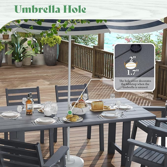 AMERLIFE 7-Piece HDPE Outdoor Dining Set with Umbrella Hole, 71" L Patio Table and Chairs Set for 6, Modern Garden Dining Set for Backyard, Poolside, Porch, Gray