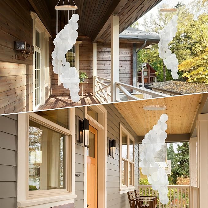 Seashell Wind Chimes for Outside - Handcrafted White Spiral Shape Capiz Shells Windchime Coastal Style Decor for Indoor/Outdoors, Garden & Beach Hanging Decor for Wind Chimes Lovers and More