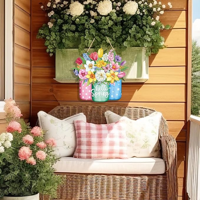 Spring Wreath for Front Door Sign Wall Signs Decoration,Flower Wreath Sign Hello Spring Welcome Hanging for Home Wall Decor Party Outdoor Indoor Supply Easter Decoration