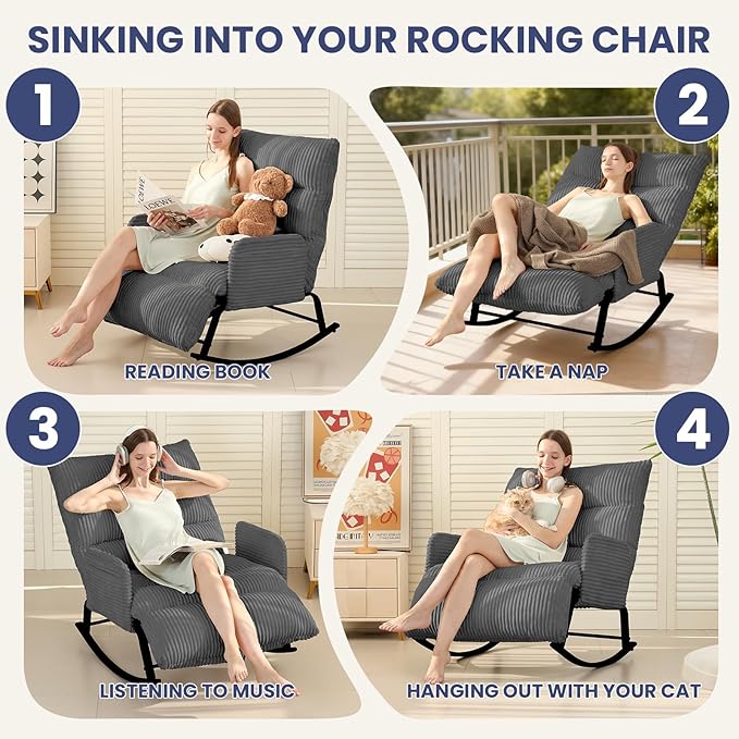 Oversized Rocking Chair with Adjustable Backrest and Footrest, Outdoor Reading Chair - Chaise Lounge Chair Indoor, Comfy Corduroy Rocking Chair for Patio, Porch, Balcony, Living Room