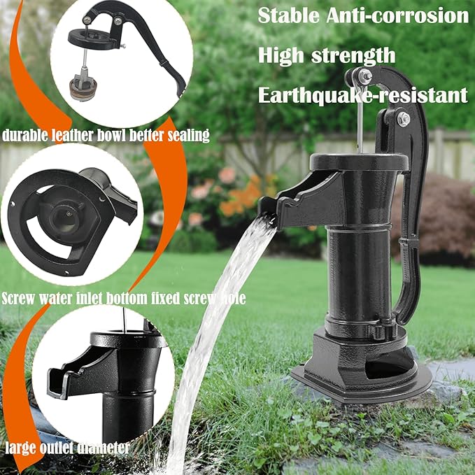 Durable Antique Cast Iron Pitcher Pump: Manual Hand Shake Suction Well Pump for Water Transfer, 25ft Maximum Lift, Easy Installation, Suitable for Outdoor Gardens, Ponds, and Backyards. (Black)