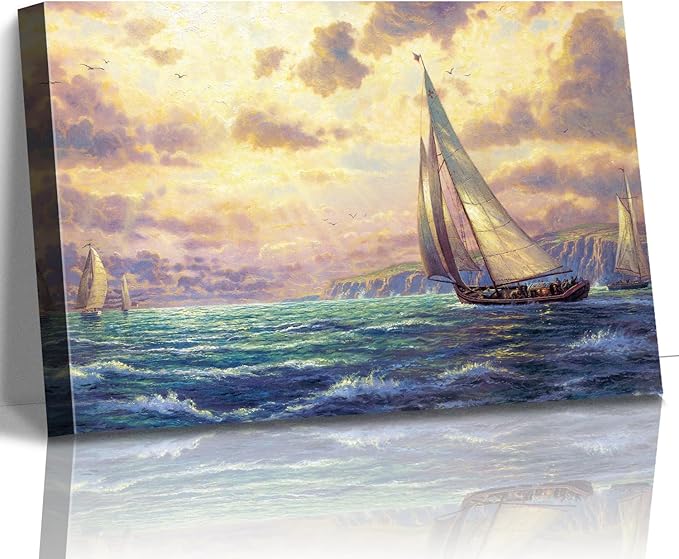 STUDIO HAVEN Thomas Kinkade Canvas Wall Art, Ocean Sailboats Golden Sunset Rushing Waves and Coastal Cliffs Oil Painting Poster Nautical Wall Decor, Framed Prints for Home Decor, 48x32Inch
