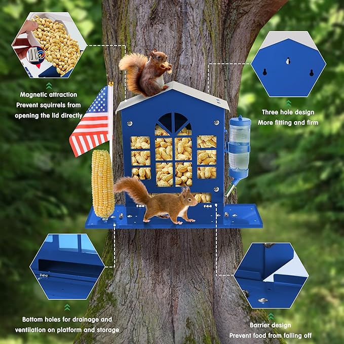 Metal Squirrel Feeder for Outside, Hanging Squirrel House for Outdoors with Water Bottle, Flag and Corn Cobs Holder, Peanut Feeder for Chipmun, Blue