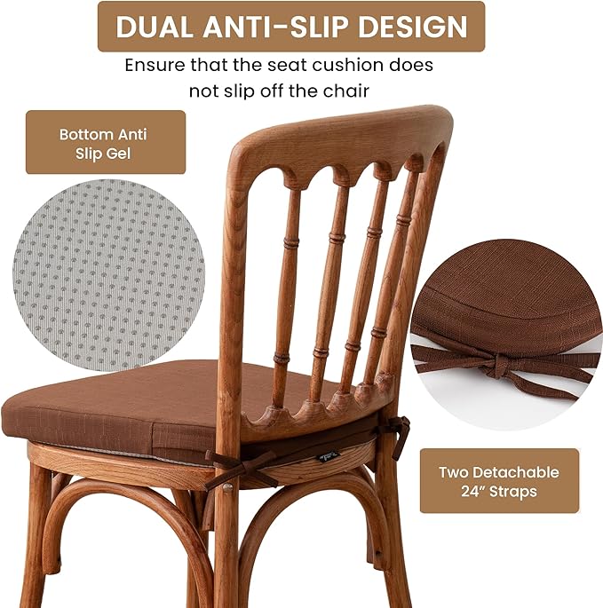 Battilo Chair Cushions for Dining Chairs with Ties, Indoor/Outdoor Kitchen Chair Pad with Non-Slip Backing, Dining Seat Cushion with Machine Washable Removable Cover, 16"x16"x2", Set of 2, Brown