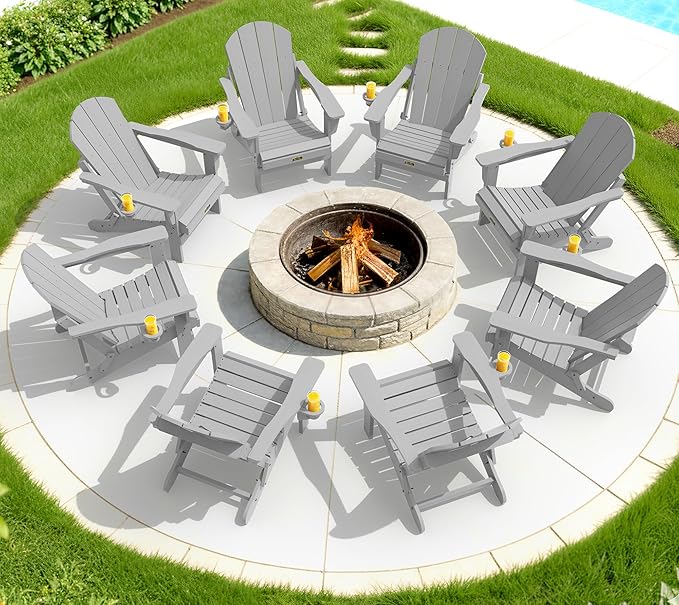 SERWALL Folding Adirondack Chair Set of 8 for Patio Garden Outdoors Fire Pit- Spanish Gray