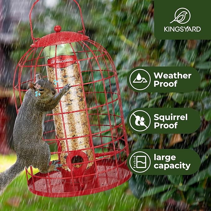Kingsyard Metal Bird Feeder for Outdoors, Squirrel Proof Caged Tube Feeders Hanging Green, Wild Small Birds Rainproof Station for Garden Yard Seed Easy Clean,Red