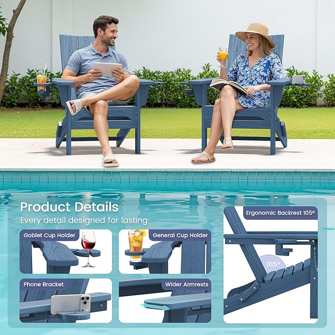 SERWALL Modern Folding Adirondack Chair Set of 2, Weather Resistant HDPE Outdoor Adirondack Chair with Dual Cup Holders, Fire Pit Chair for Patio Lawn Garden, Blue