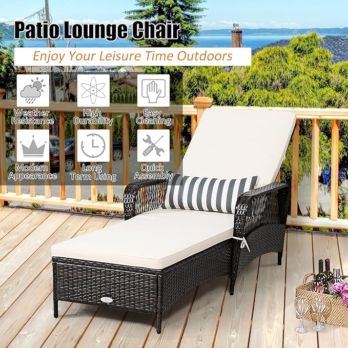 Tangkula Wicker Chaise Lounge Outdoor, Patio Rattan Reclining Chaise with 6-Gear Adjustable Backrest, Thick Padded Cushion & Removable Lumbar Pillow, Pool Lounge Chairs for Outside Balcony Backyard