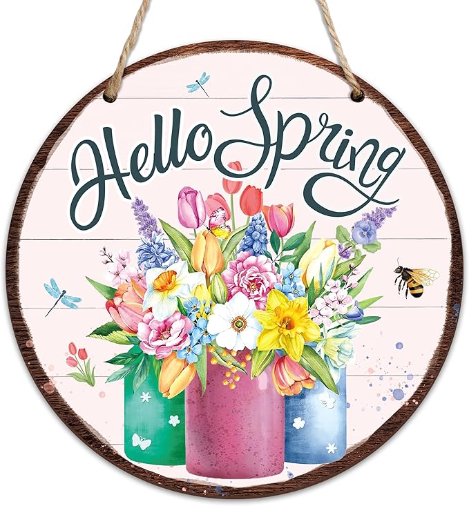 Spring Hanging Decor For Front Door, Mason Jar Flowers Welcome Spring Round Sign Decor For Farmhouse Home Yard Porch, Hello Spring Decorations, Spring Wall Plaque Gifts For Friends Family -03
