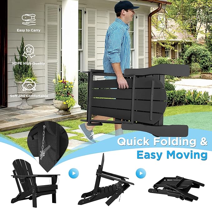nalone Folding Adirondack Chair with Cushion with Cup Holder, HDPE Plastic Oversized Patio Chair Weather Resistant, Used in Outdoor, Fire Pit, Deck, Garden, Campfire Chairs (Black)