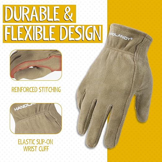 HANDLANDY Kids Genuine Leather Work Gloves for ages 3-11, Children Gardening Gloves for Boys, Girls (Medium (for age5-7), Khaki)