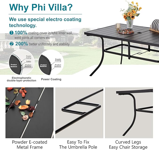 PHI VILLA 7 Piece Outdoor Dining Set with Umbrella, Patio Furniture Dining Set with Foldable Patio Chairs & Outdoor Table for Yard & Garden